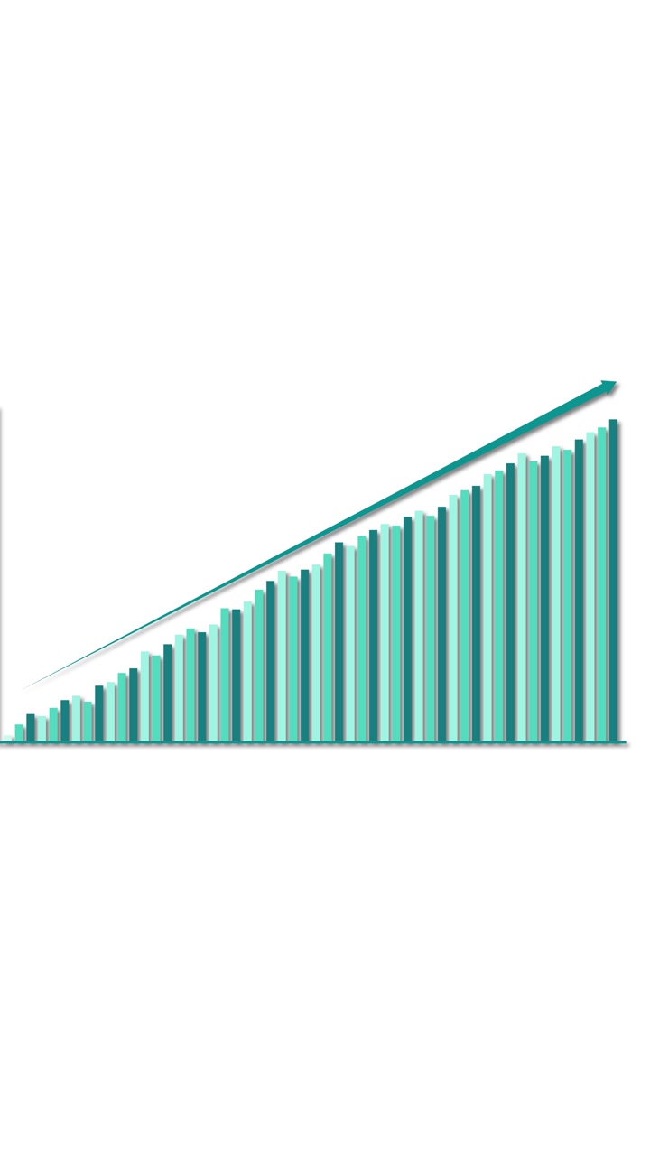 Vertical bar graph animates upward growth, teal bars and arrow, white background, smooth transitions