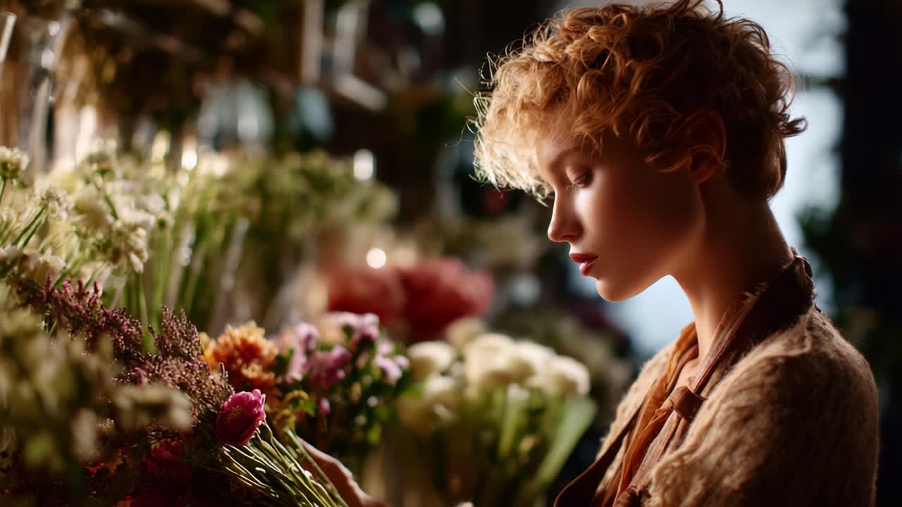 A Young Woman Delicately Examining a Variety of Vibrant Flowers in a Softly Lit Floral Arrangement, Capturing the Beauty of Nature and the Essence of Creativity in Every Bloom