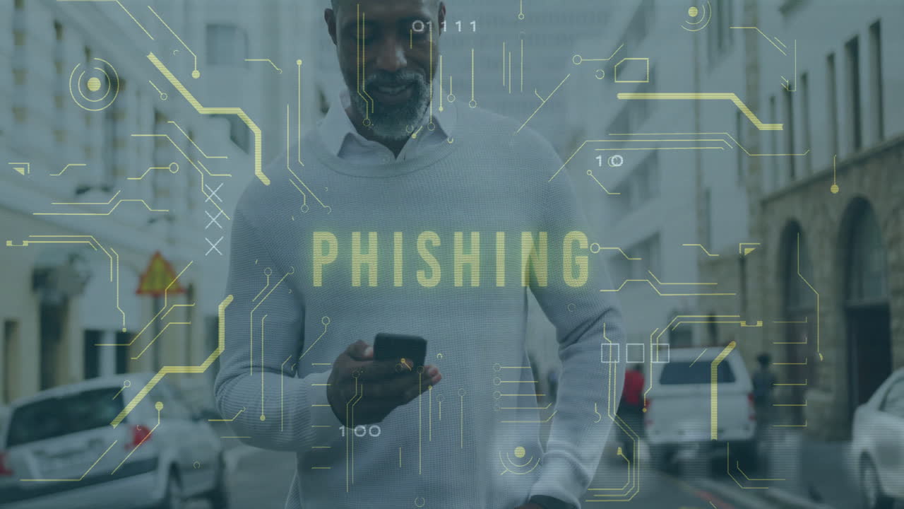Using smartphone, mature man viewing phishing warning animation on city street