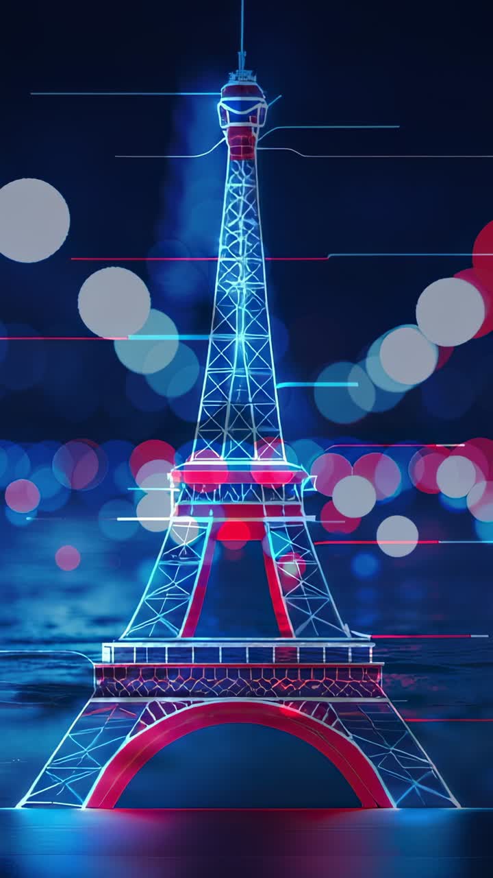 Vertical video: Rising glitch bars crossing neon Eiffel Tower in Paris night, pulsing bokeh lights