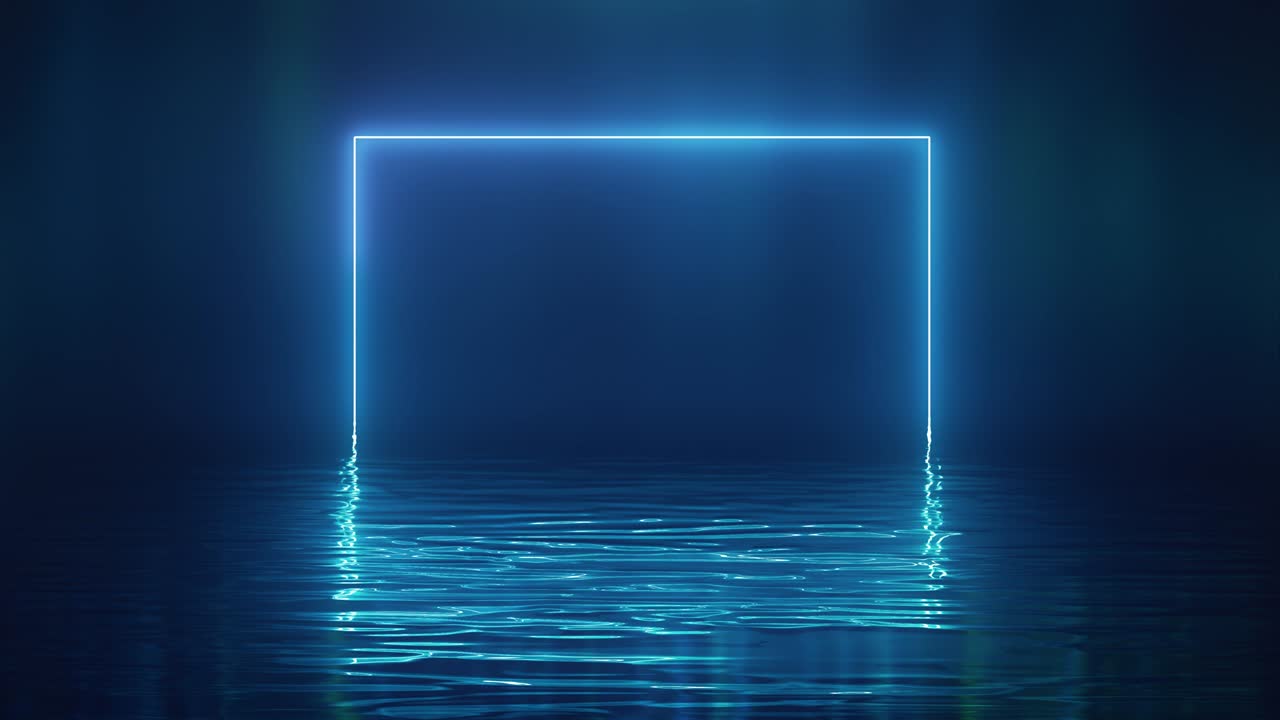 cuadrado de neón azul brillante sobre el agua