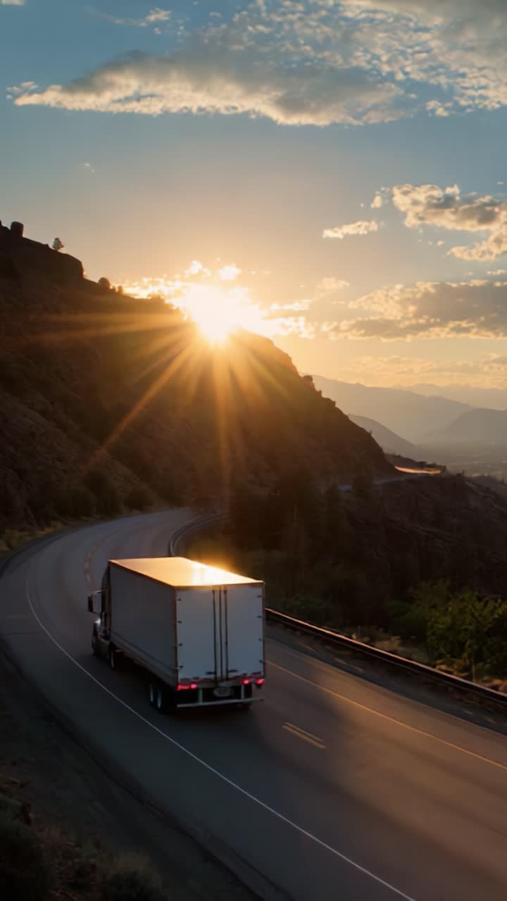 Viaggio in camion attraverso tranquille strade di montagna al tramonto: avventura lungo percorsi tortuosi mentre il sole tramonta sul maestoso paesaggio, immortalato in splendide immagini