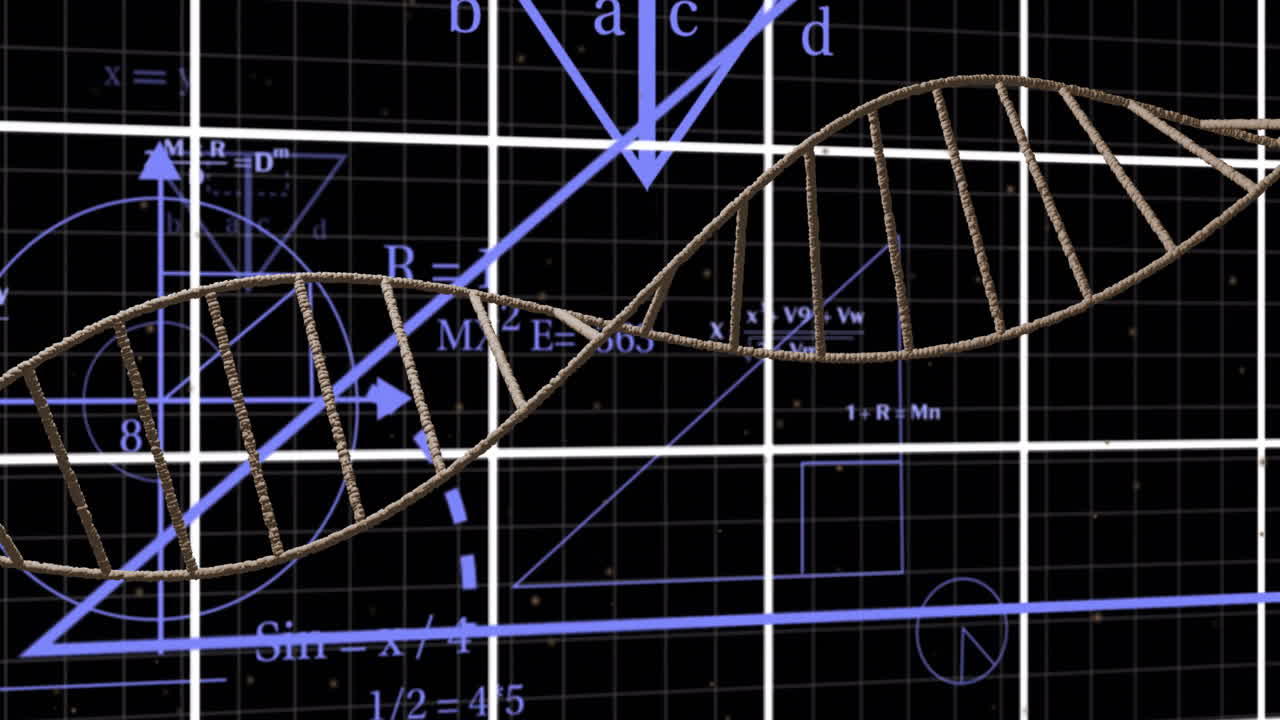 cadena de adn sobre ecuaciones matemáticas y formas geométricas en fondo negro