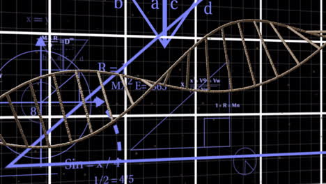 dna strand over mathematical equations and geometric shapes on black background