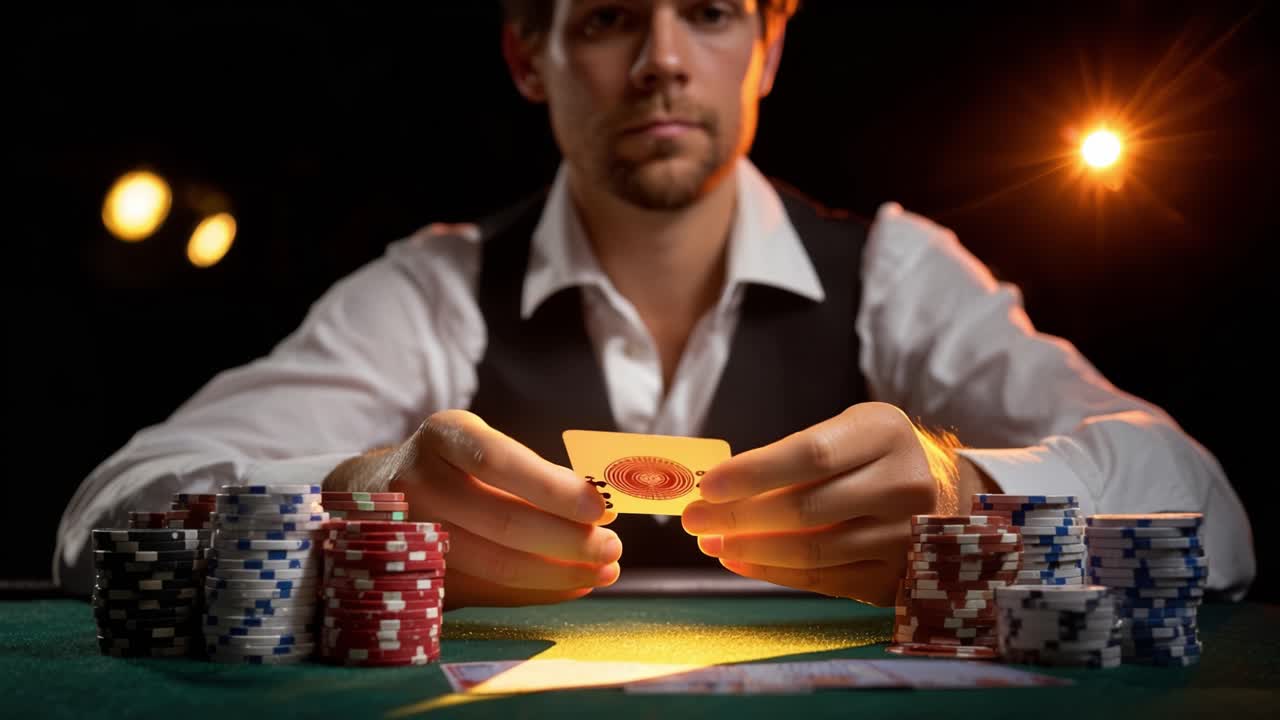 Intense øjeblikke ved kortbordet: En spiller strategiserer med kort og chips i et højindsats pokerspil under dramatisk belysning, fokuseret på at vinde.