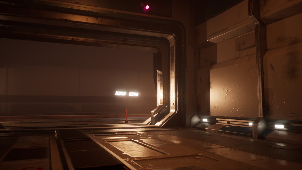 un pasillo futurista oscuro y vacío, iluminado por una sola fuente de luz en la distancia