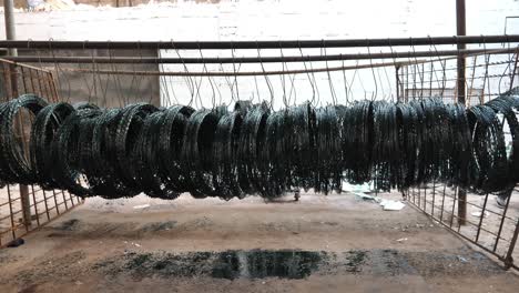 rolls of barbed security wire hanging on rack to dry outside