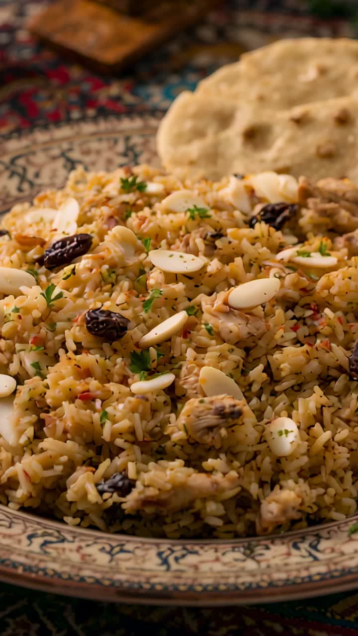 Vídeo vertical: cámara en movimiento que se acerca a un plato en la mesa, mostrando un pilaf con almendras para apreciar su textura