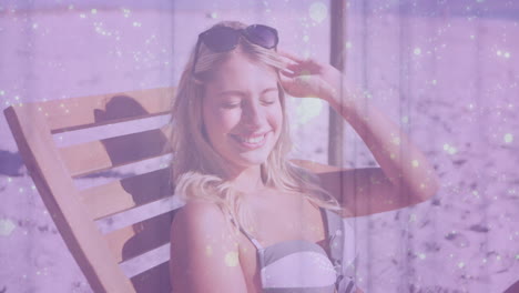 Woman reclining on lounge chair at beach wearing sunglasses, showcasing travel with purple bokeh
