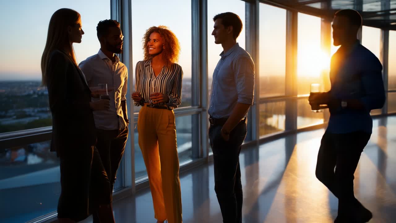 Engaging Conversation Among Professionals in a Sunset-Lit Office, Highlighting Connection, Networking, and Collaboration Amidst a Stunning Urban Skyline Backdrop and the Warm Glow of Evening Light