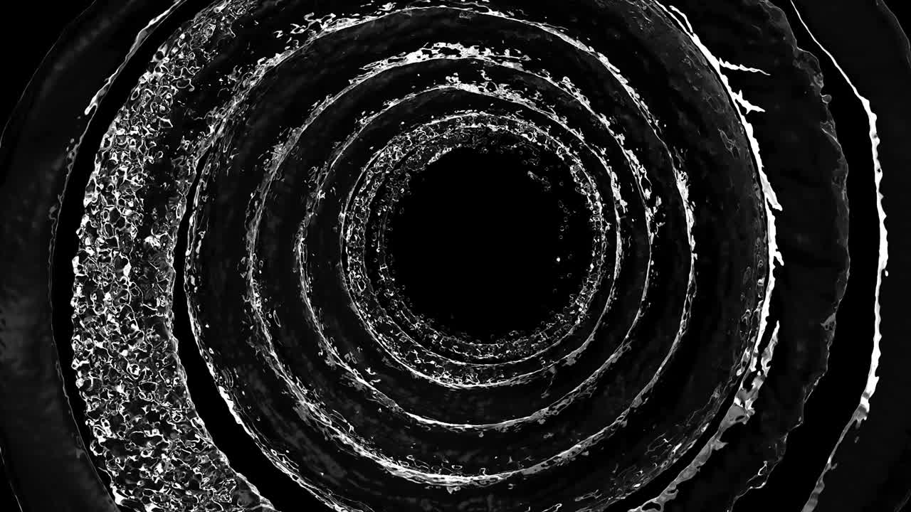 검은 바탕에 물 원 액체 looping. 반사 회전 흐름과 함께 물을 부어