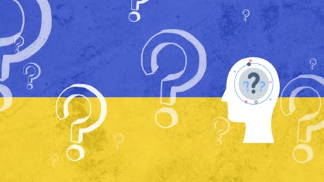 Animation-Der-Kopfsilhouette-Und-Fragezeichen,-Die-über-Der-Flagge-Der-Ukraine-Schweben