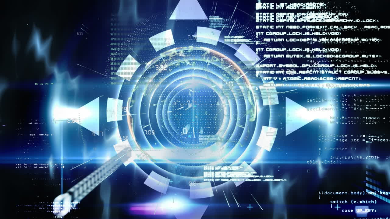 파란색 둥근 스캐너와 검은색 배경에 대한 디지털 파동으로 데이터를 처리