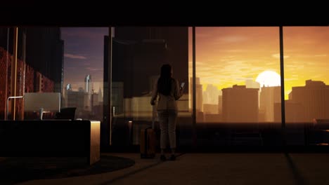 asian businesswoman using smartphone walking with with suitcase and looking out of the window on big city with skyscrapers at sunset