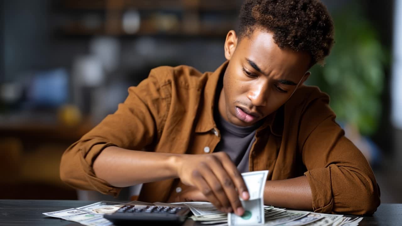 A young person experiences stress and fatigue over financial matters, facing money troubles while surrounded by cash and a calculator in a relatable moment of anxiety