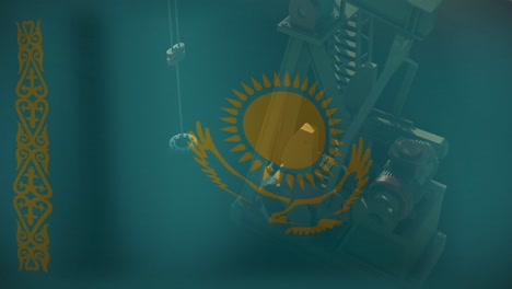 animación de la bandera de kazajstán sobre la bomba de petróleo en funcionamiento