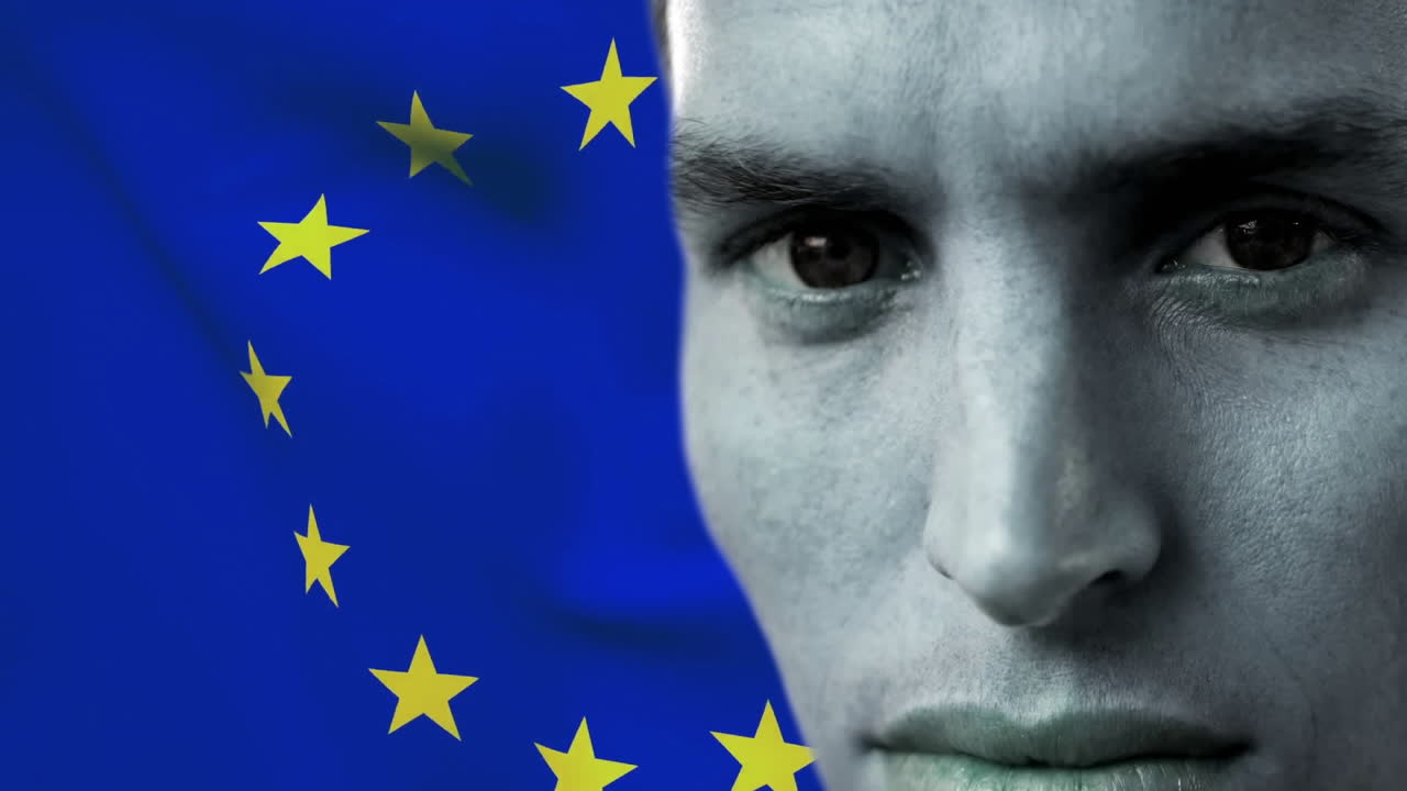animación del hombre caucásico sobre la bandera de la ue