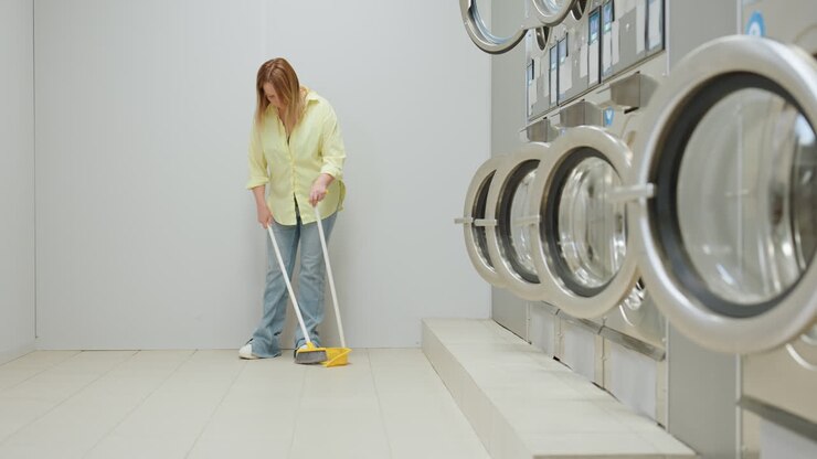 Zoom out shows woman near industrial washing machines in laundromat, yellow shirt and jeans with white sneakers sweeping tiled floor using broom and dust pan, routine cleaning in bright room