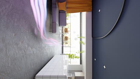 Visualización-Renderiza-El-Interior-Del-Condominio-Con-Efecto-De-Energía-Fluida,-Vídeo-Vertical