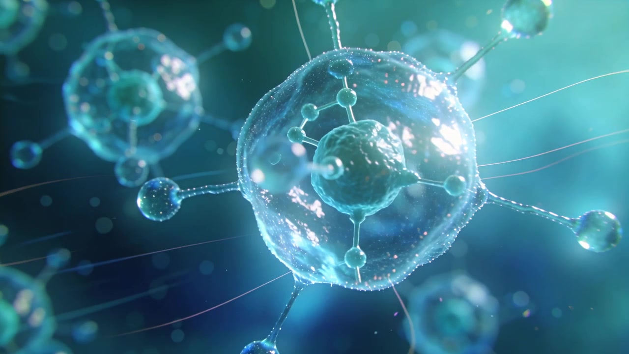 Camera approaching clear cell sphere to show internal core and tethered beads in blue fluid