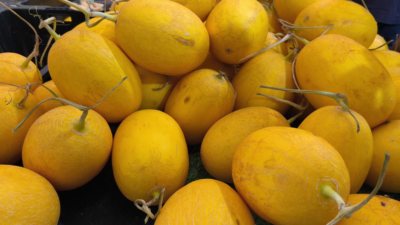 Fresh canary melons are piled neatly on a table for display. These bright yellow fruits are ready for sale at a local market.