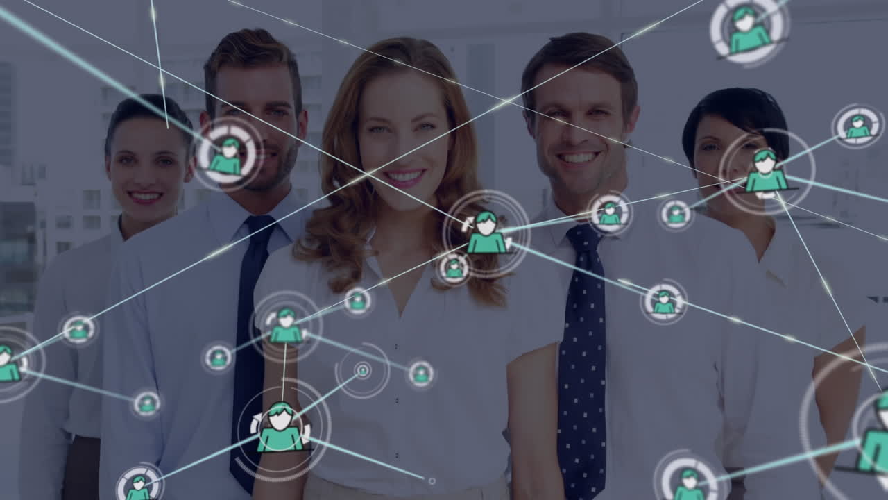 Animation of network of connection with icons over business people