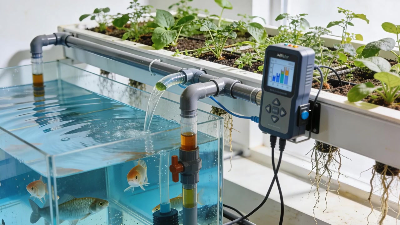 Pump starting aquaponic unit pumping water to grow bed at bench with goldfish controller for plants