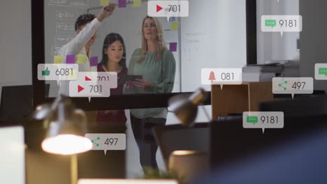 animation of notification bars over diverse coworkers discussing strategy on sticky notes