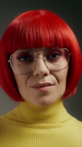 woman with red wig, glasses, and yellow sweater