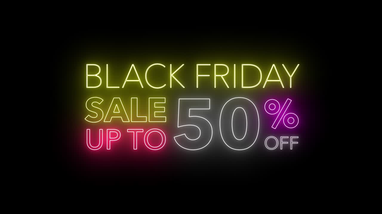 animar el parpadeo de la venta del viernes negro hasta un porcentaje de descuento colorido neón blaze cartel de movimiento banner en fondo negro para promocionar video. concepto de promoción serie de venta de marca 10-90%