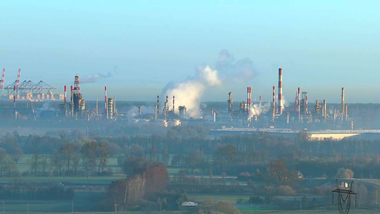 Aerial view of a large oil refinery and petrochemical plant emitting smoke and steam, with a container terminal visible in the background