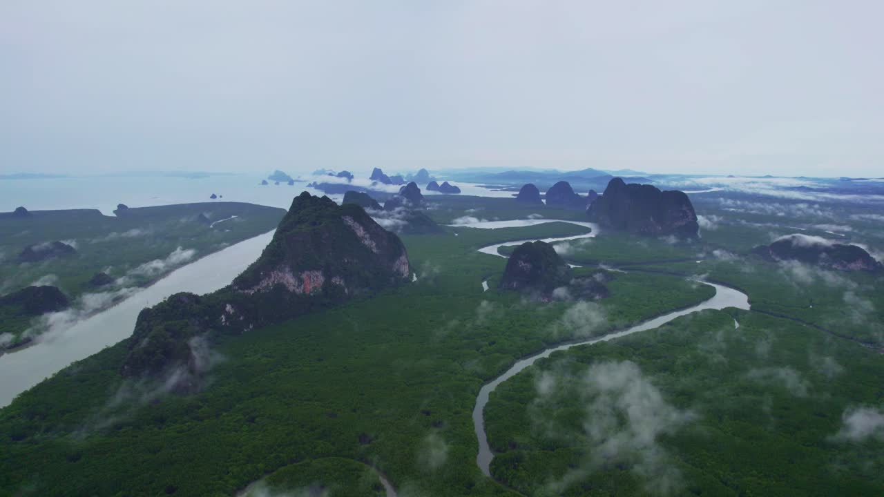 Aerial View Over Mangroves and Rivers with Mountain Peaks at Phang Nga Bay, Thailand