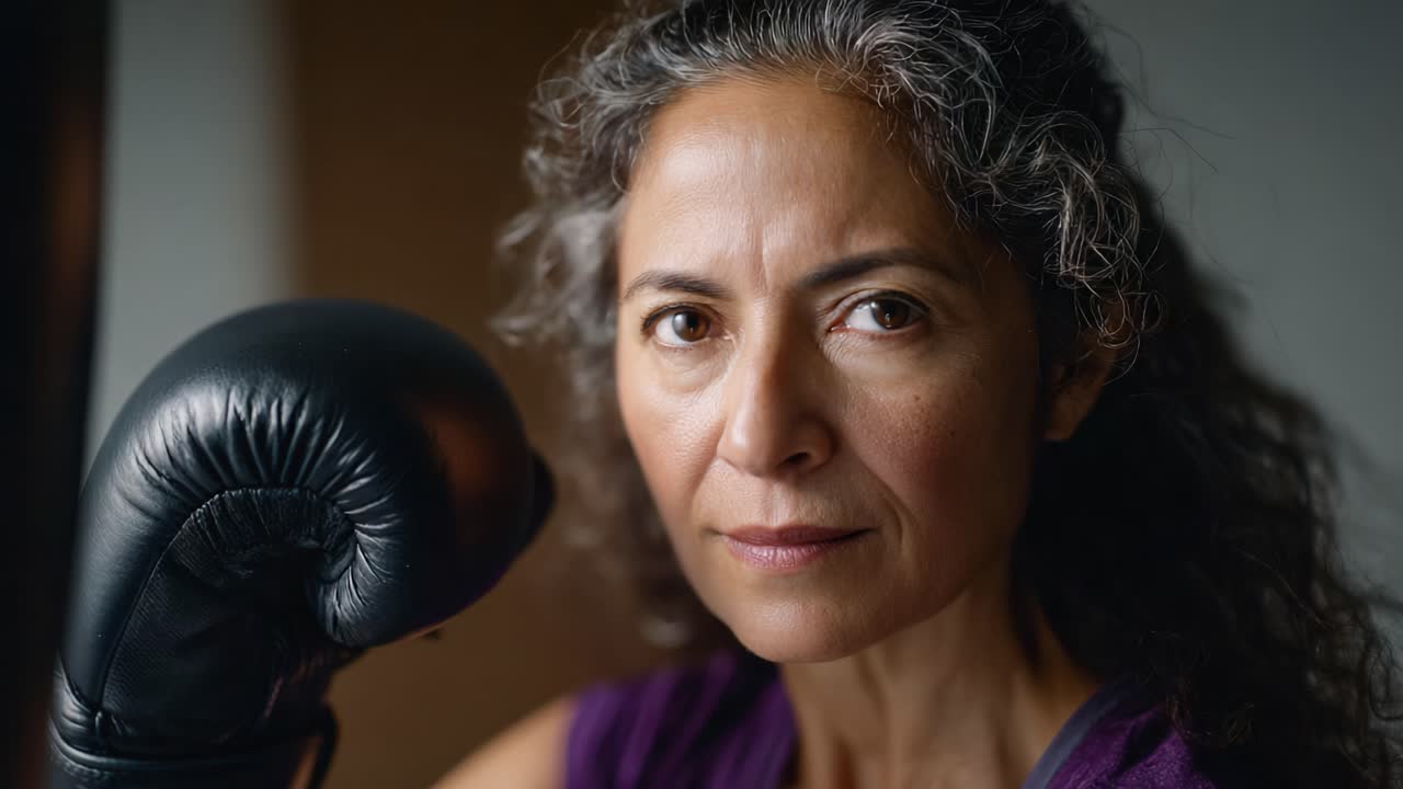 Una mujer decidida con guantes de boxeo que demuestra fuerza y resistencia, lista para un desafío, encarnando el empoderamiento y la confianza en su poderosa mirada