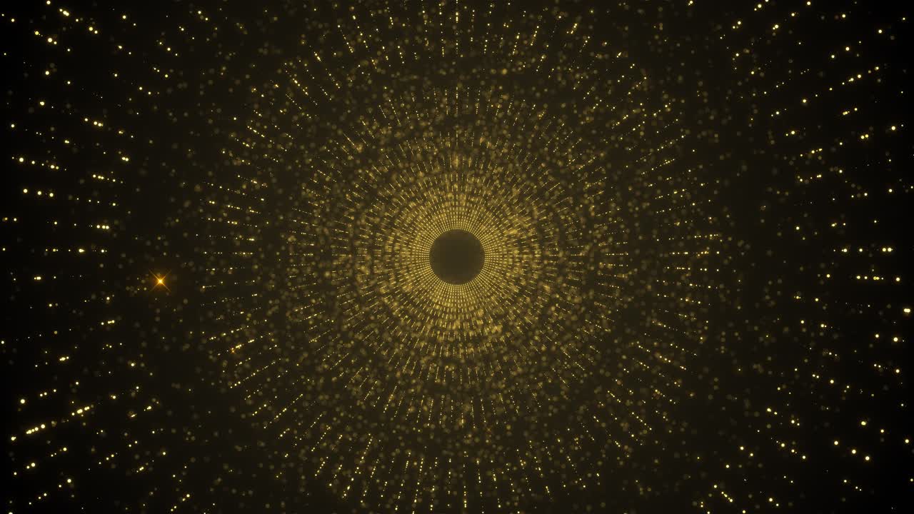 Golden particles symmetrical tunnel effect creating mesmerizing vortex glow for festive backgrounds