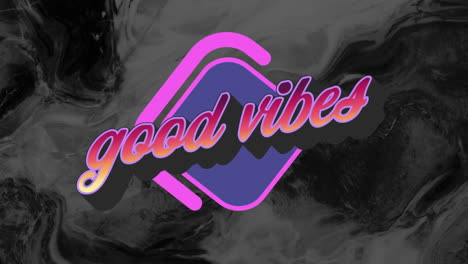 animation of text good vibes in orange with pink and blue logo, over black swirl background