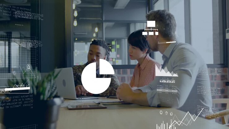 Animation of financial data processing over diverse business people working in office