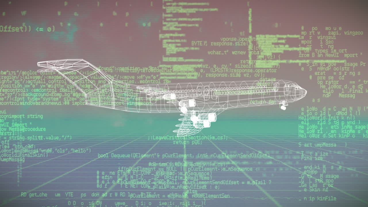 초록색과 베이지색 공간에서 데이터 처리 위에 회전하는 비행기 프로젝트의 애니메이션