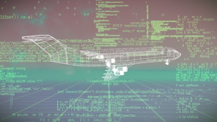 Animation of plane project rotating over data processing in green and beige space