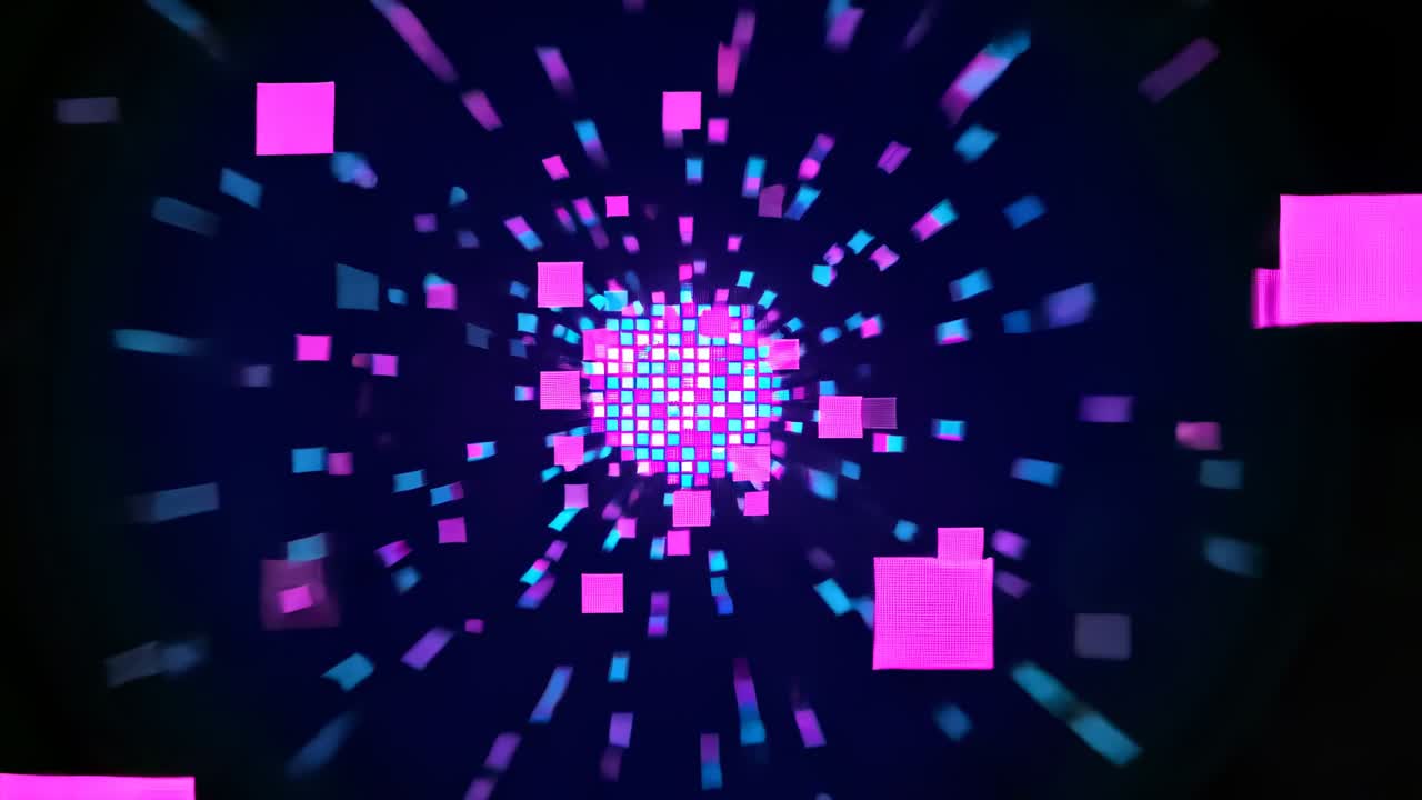Pulsing cube causing magenta-cyan squares detaching, streaming outward in void, forming data halo