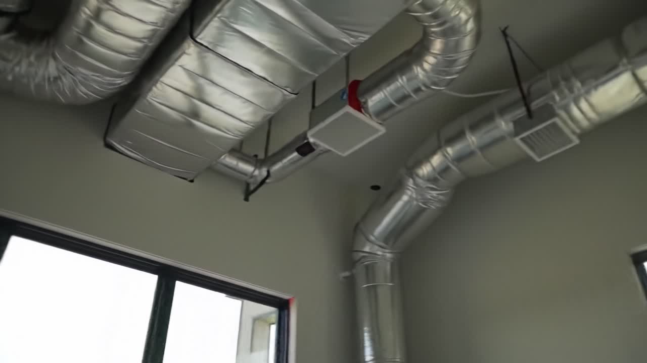 The installation process of ductwork in a contemporary building environment. Sunlight streams through large windows, illuminating the ongoing work.