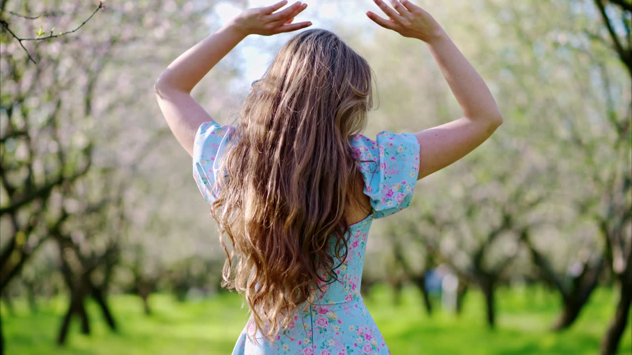 Brunette woman in a blue dress enjoying a field of blooming almond trees