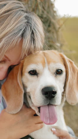 la perra se sostiene cerca de su cabeza, mirándola con amor mientras el perro se centra con la lengua afuera, la bala de heno es visible en el fondo, rodeada de vastas tierras de cultivo en un entorno rural pacífico