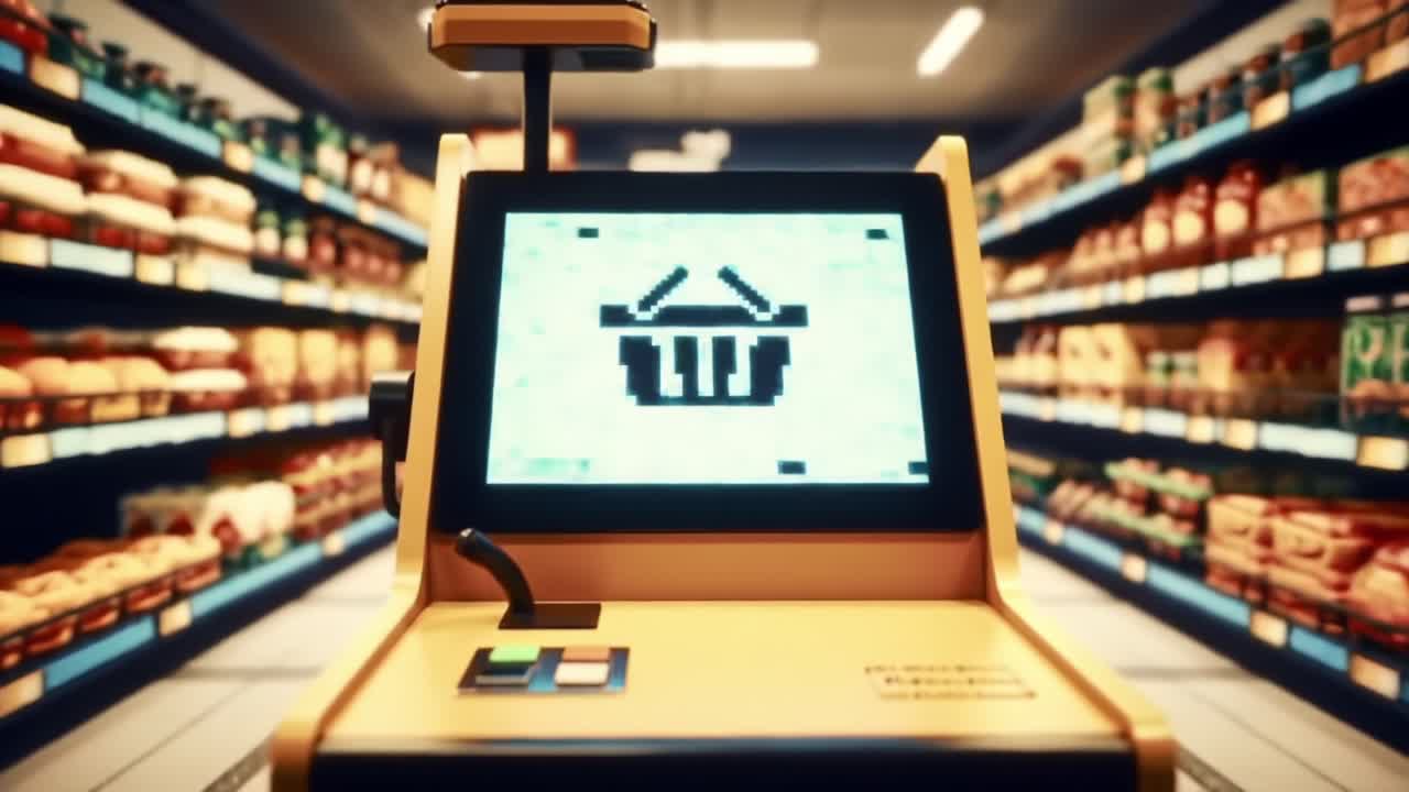Exploring the Digital Checkout Interface: A Detailed Look at a Modern Self-Service Kiosk in a Grocery Store Featuring a Playful Pixel Art Design