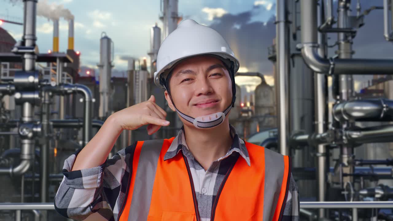 Close Up Of Asian Male Engineer With Safety Helmet Smiling To Camera And Making Call Me Gesture While Standing In a Refinery, Oil Processing Equipment And Machinery