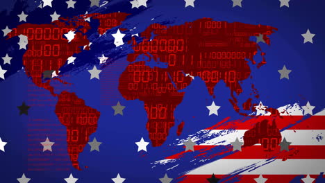 world map with binary code and stars and stripes animation