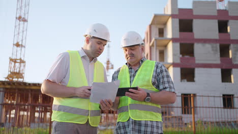 Oberkörperaufnahme-Von-Zwei-Männlichen-Bauarbeitern-Mittleren-Alters-In-Sicherheitskleidung,-Die-Auf-Der-Baustelle-Stehen.-Mann-Benutzt-Walkie-Talkie,-Sein-Kollege-Hält-Papier-Mit-Projektplan-In-Der-Hand