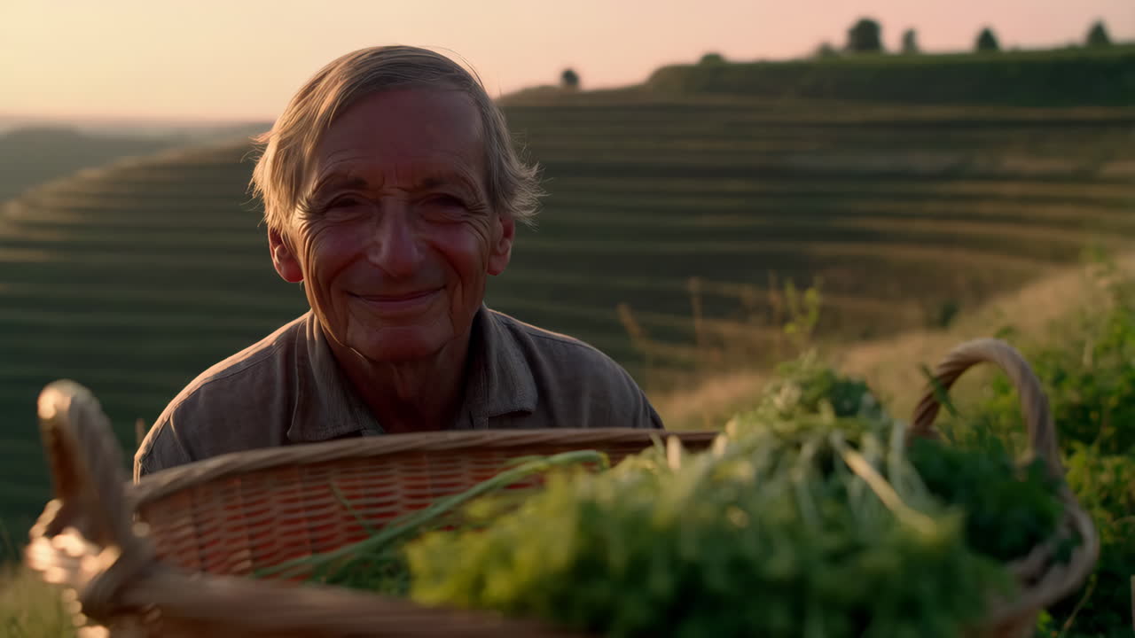 Smiling Elderly Farmer with Freshly Harvested Vegetables