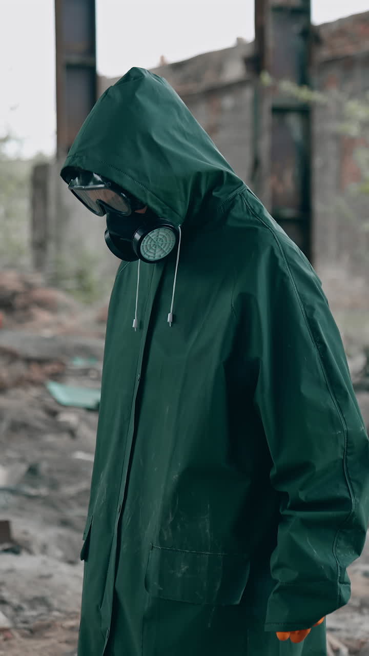 Man in special suit going out in abandoned creepy place. Apocalyptic pollution architecture