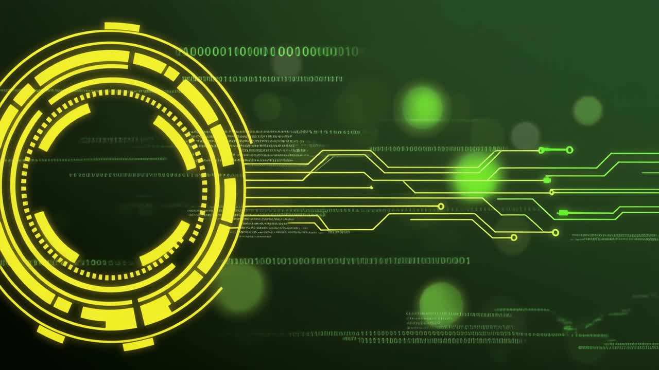 Animated Digital Network Background with Rotating HUD and Binary Code