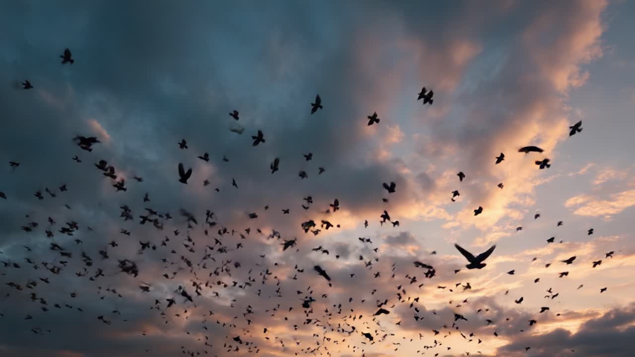 A Stunning Display of Flocking Birds Against a Dramatic Sunset Sky, Capturing the Essence of Nature's Beauty in Motion Over a Serene Landscape